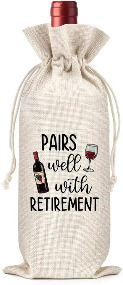 Pairs Well With Retirement Canvas Wine Tote Bag, Funny Retirement Farewell Gifts for Retiree Colleague Leader Boss Mentor Wine Lover, Retirements Party Wine Bottle Gift Bag with Drawstring