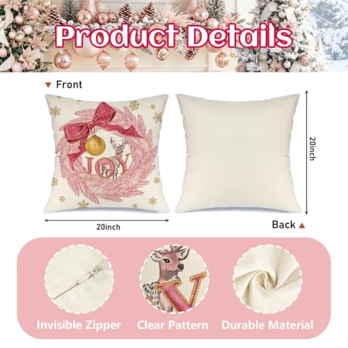 20x20 Inch Christmas Wreath Pillow Covers Set of 4 - Pink Holiday Decor