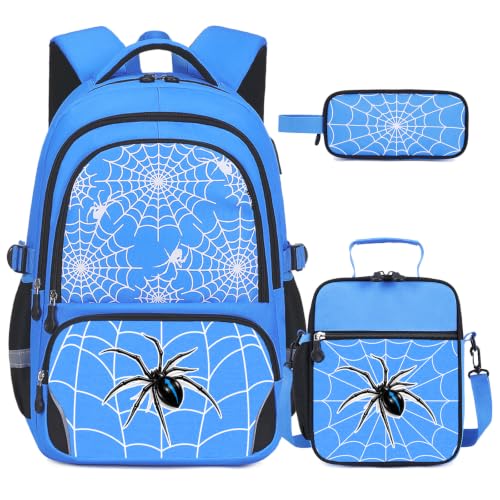 Blue 3-Piece Boys Backpack Set with Luminous Spider Design, Lunch Bag & Pencil Case