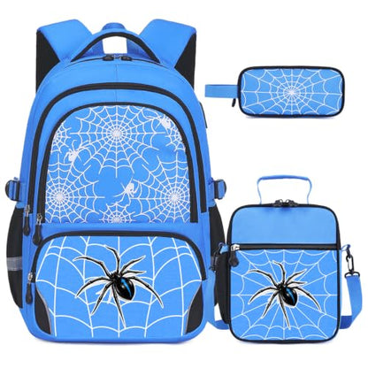 Blue 3-Piece Boys Backpack Set with Luminous Spider Design, Lunch Bag & Pencil Case