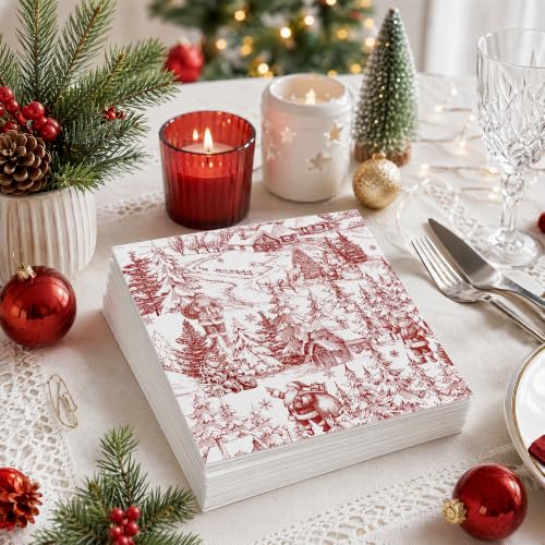 Christmas Santa Disposable Paper Napkins 100 Pack - Red Toile Winter Village Design, 2-Ply Absorbent Holiday Tableware