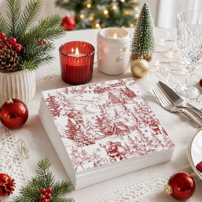 Christmas Santa Disposable Paper Napkins 100 Pack - Red Toile Winter Village Design, 2-Ply Absorbent Holiday Tableware
