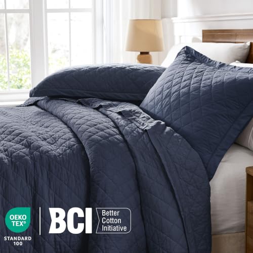 Navy Blue 100% Cotton Quilt Set - Queen, Pre-Washed, 3 Pieces