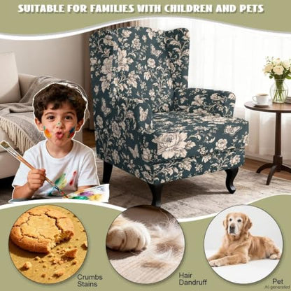 Dark Teal Floral Butterfly Wingback Chair Slipcover with Cushion, 2-Piece Stretch Armchair Cover for Room