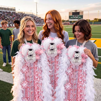 47-Inch Pink and White Homecoming Mum with Teddy Bear Bow & Ribbon