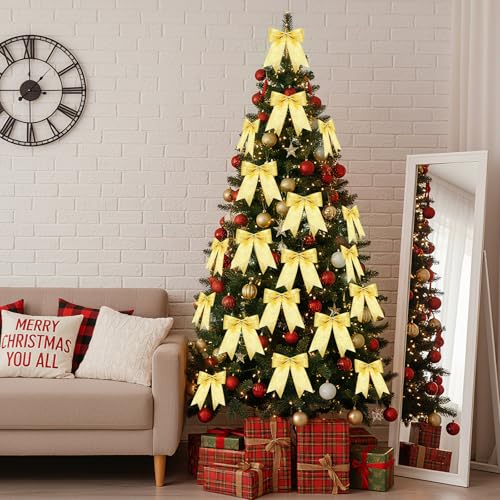 Gold Glitter Christmas Tree Bows - 36 Pcs, 7x7 Inch, Holiday Decor