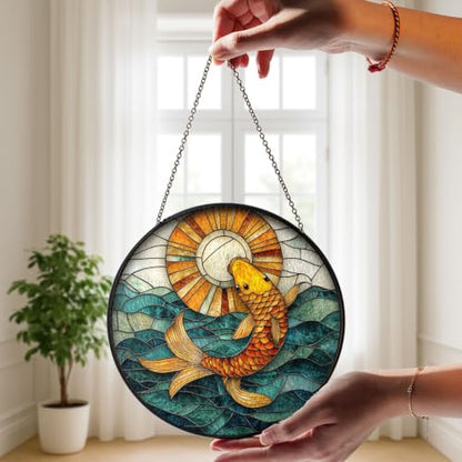 Sunlit Koi Fish Stained Glass Window Art with Flowing Water Theme - Bright Aquatic Decor