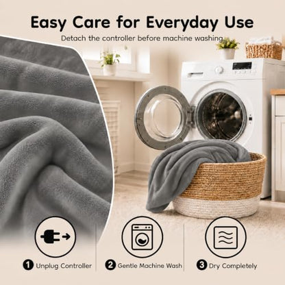 Pale Gray Electric Heated Blanket Full Size 72x84 Flannel with 4 Heat Settings & Auto Shutoff
