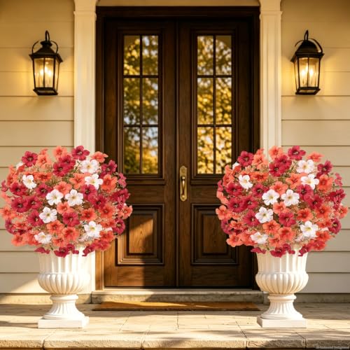 Artificial Mums Topiary Ball Flowers with Ground Spikes for Outdoor Decor - 2 Pack