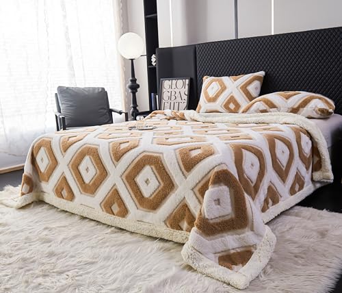 LEVINIS Boho Sherpa Fleece Blanket 80x90 Inch - Camel, Reversible Cozy Throw