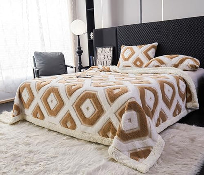 LEVINIS Boho Sherpa Fleece Blanket 80x90 Inch - Camel, Reversible Cozy Throw