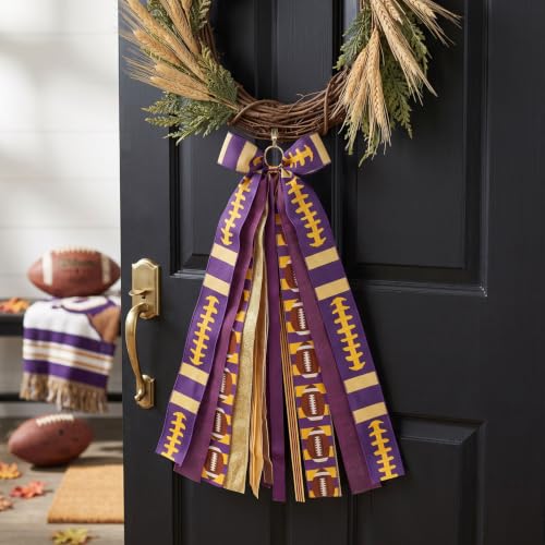Football Wreath Sash - Purple Gold Ribbon Bow for Game Day Decor - Variation of Purple Gold