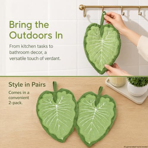 Green Leaf Hand Towels 2 Pack - Microfiber Bathroom & Kitchen Hand Drying