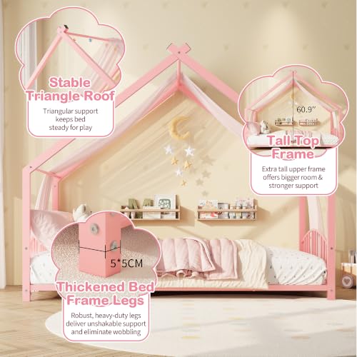 Twin Size House Shape Bed Frame with Guardrail - Pink, Low Profile, Sturdy Metal Design