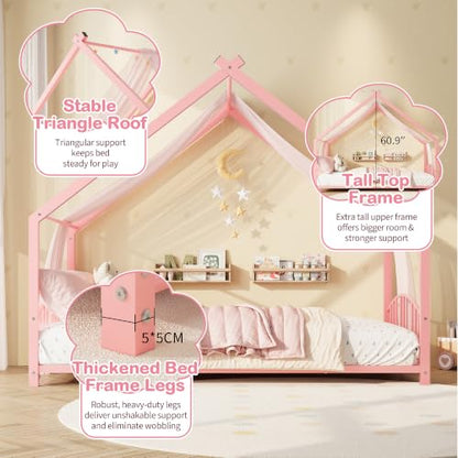Twin Size House Shape Bed Frame with Guardrail - Pink, Low Profile, Sturdy Metal Design
