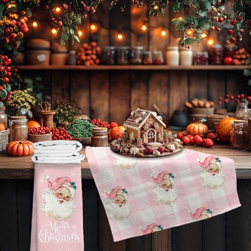 Pink Christmas Kitchen Towels Set of 2 - Vintage Pink Santa Holiday Hand Towels, 16x24 Inches - Pinksanta1-Set of 2