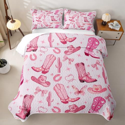 Pink Cowgirl Quilt Set with Western Cactus and Bowknot Design - Full Size Bedding for Boys Girls - Baby Pink Variation