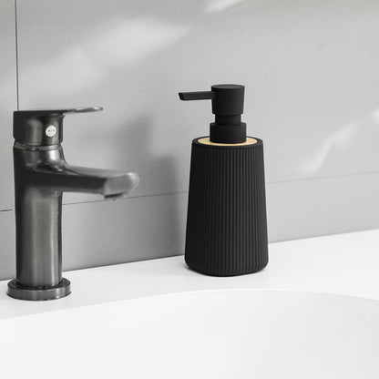 Skiennix Soap Dispenser - Modern Farmhouse Striped Design | Plastic Hand Soap Holder with Bamboo Accent - Black