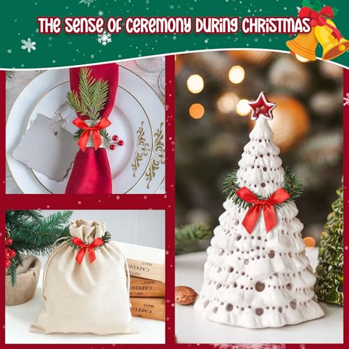 Christmas Napkin Rings Set of 12 Mini Pine Wreath with Red Bow Holiday Decor