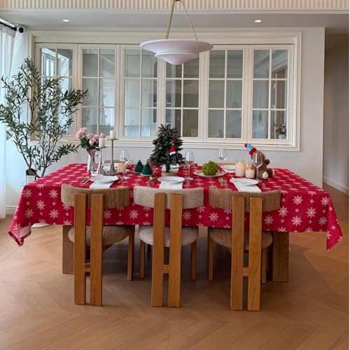 Red Snowflake Tablecloth 60x108 Inches - Holiday Spillproof Cotton Linen Cover for Christmas & Winter Parties - Variation: Red Dne / 108"x 60"