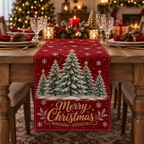 Christmas Table Runner with Red Tree Design for Holiday Dining