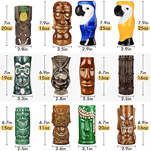 12PCS Tiki Mugs Cocktail Set - Ceramic Hawaiian Party Cups for Exotic Drinks
