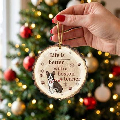 Dog Christmas Ornament - Wooden Boston Terrier Holiday Decor for Tree