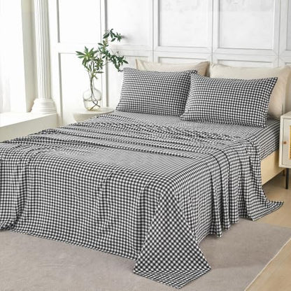 Plaid Full Bed Sheet Set with Deep Pockets - Black and White Gingham