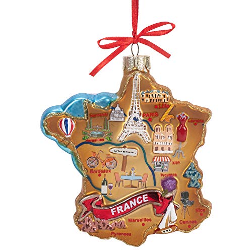 France Map Glass Ornament with Landmarks - Holiday Decor, 4.75 Inch
