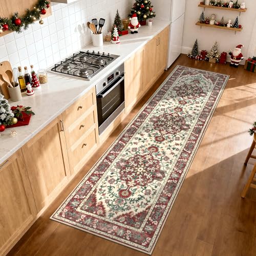 Christmas Hallway Runner Rug 2' x 8' Non Slip Red Floral Accent Rug