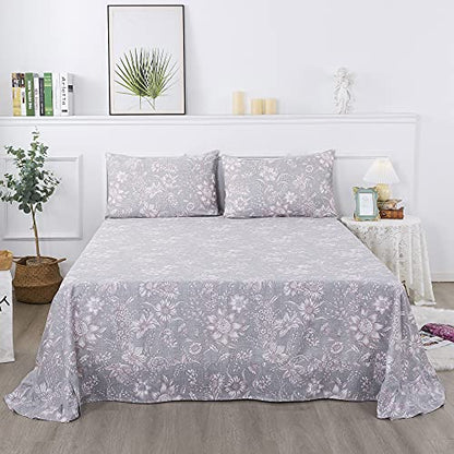 Gray Pink King Sheets Set - Floral 600TC Cotton Bedding with Deep Pockets