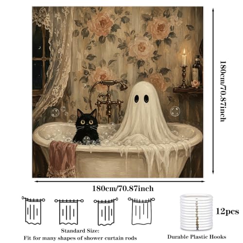 Halloween Shower Curtain Black Cat Ghost Bathroom Decor 71x71in