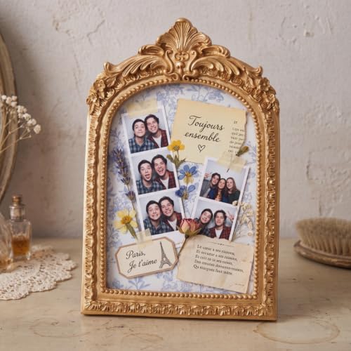 Mini Vintage Bulletin Board with Floral Fabric - Gold Arched Picture Frame for Wall & Desktop