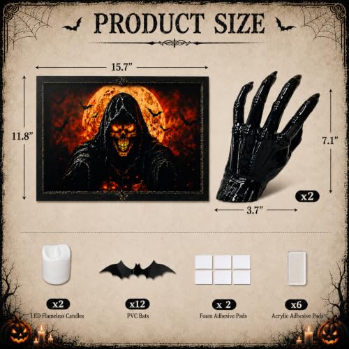 Halloween 3D Grim Reaper Wall Decor with LED Candles and Bats - Indoor Haunted House Gothic Wall Art