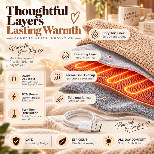 USB Heated Shawl Wrap for Women - White, Portable & Adjustable 3-Heat Settings