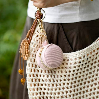 Pink Velvet Jewelry Travel Case with Keychain - Small Ring & Earring Organizer
