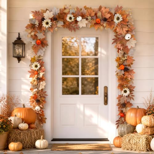 Lighted Fall Garland with Sunflowers Pumpkins and Warm Lights - 6 Feet