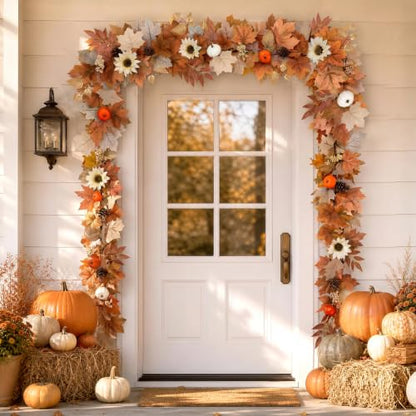 Lighted Fall Garland with Sunflowers Pumpkins and Warm Lights - 6 Feet