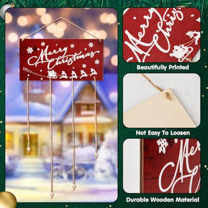 Christmas Card Holder Wall Decor with Snowflake Clips - Red Wooden Merry Christmas Display
