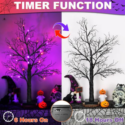 Halloween Black Tree Decorations with Orange Purple LEDs - Style 1, 24 Inch, Indoor Home Centerpiece, Timer, Battery or USB Powered