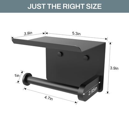SetSail Toilet Paper Holder with Shelf Adhesive or Screw Bathroom Toilet Paper Roll Holders Wall Mount Matte Black Tissue Holder for Bathroom Hardware Accessories