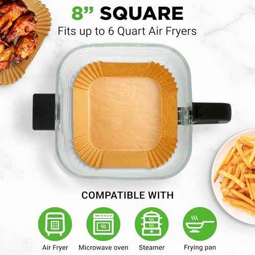 NutriChef 50-pcs Air Fryer Paper Liners - Square Disposable Parchment Liner | Non-Stick, Oilproof & Waterproof | Fits 5.8 QT Glass Pot | Airfryer Liners for Air Fryers, Ovens, Grilling & Baking