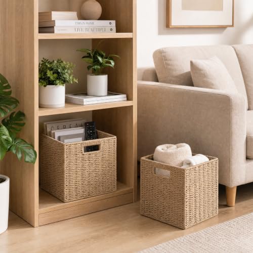 Wicker Storage Basket Set of 2, 13x13x13 Inch Foldable Cube Bins with Handles