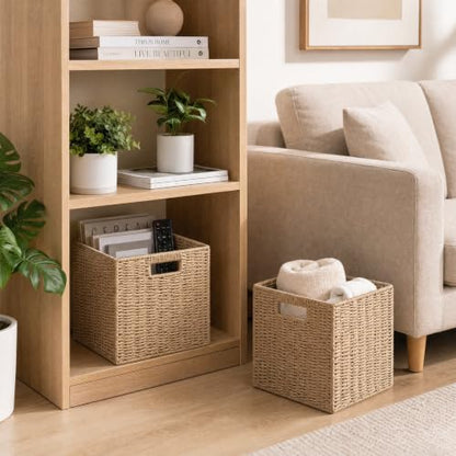 Wicker Storage Basket Set of 2, 13x13x13 Inch Foldable Cube Bins with Handles