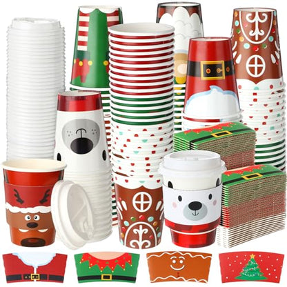 120 Pack Christmas Coffee Cups with Lids & Sleeves - 12 oz Holiday Party Disposable Cups