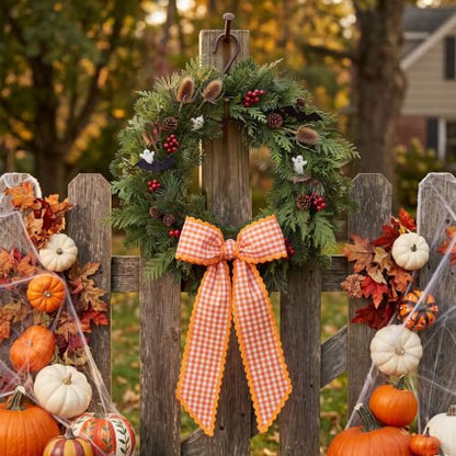 Orange White Plaid Wreath Sash for Front Door - Farmhouse Decor, 5x56 inches