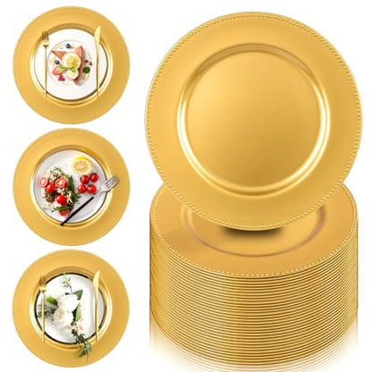 Gold Charger Plates Set of 12 - 13 Inch Beaded Rim Plastic Dinnerware for Weddings and Holidays - Variation: Gold / 12