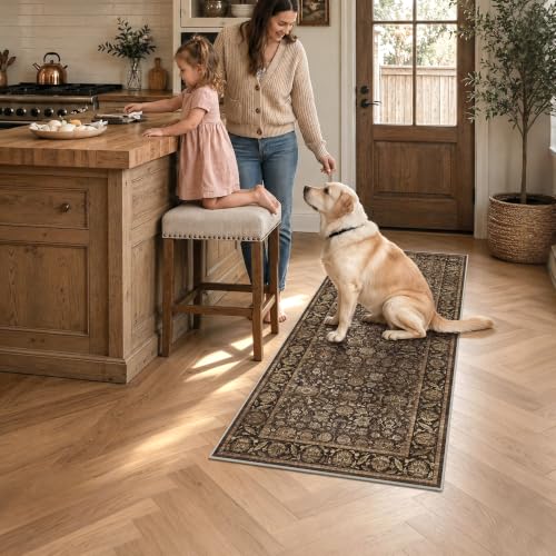 Warm Brown 2x5 Non-Slip Vintage Kitchen Rug Runner - Washable Floor Mat