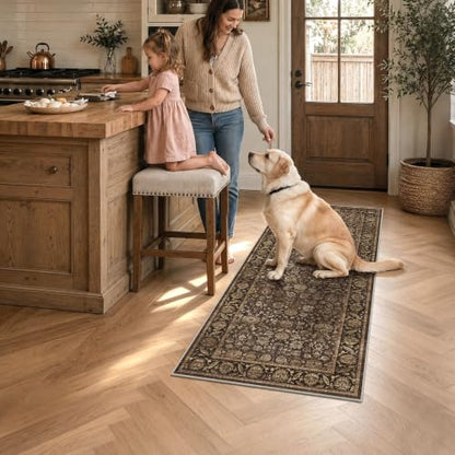 Warm Brown 2x5 Non-Slip Vintage Kitchen Rug Runner - Washable Floor Mat