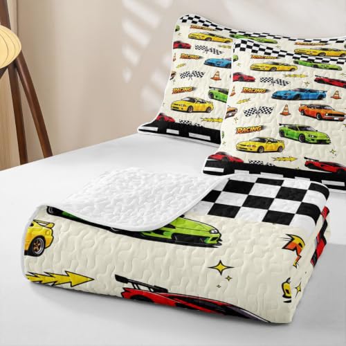 Racing 05 Twin Size Quilted Bedspread Set - Black White Checkered Coverlet with Pillow Sham